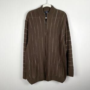VTG John Blair Mens XL Cardigan Sweater Zip Up Knit Jacket Brown Stripe Pockets